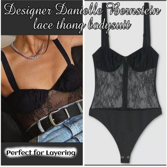 DANIELLE BERNSTEIN Tops - 🎀Clearance🎀 NWT Danielle Bernstein Black Lace Sheer Thong Bodysuit $69 sexy!!